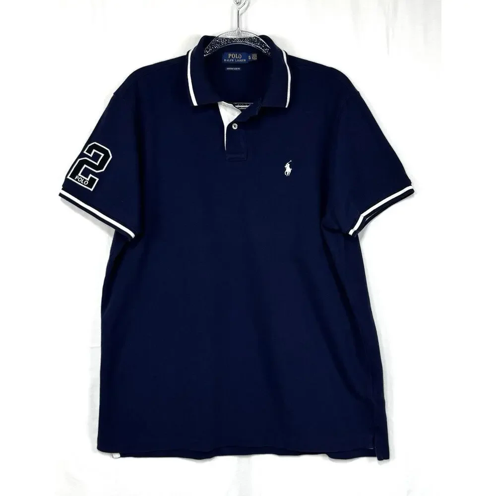 Polo Ralph Lauren Men’s Custom Slim Fit Mesh Polo Shirt Navy Big Pony 2 Patch XL